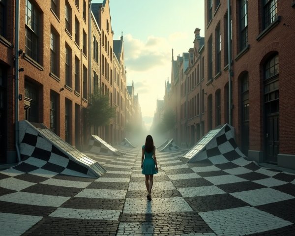 Woman in Teal Dress on Surreal Checkered Pathway