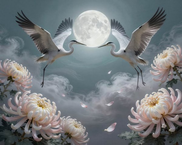 Elegant Cranes Among Pink Chrysanthemums and Moonlight