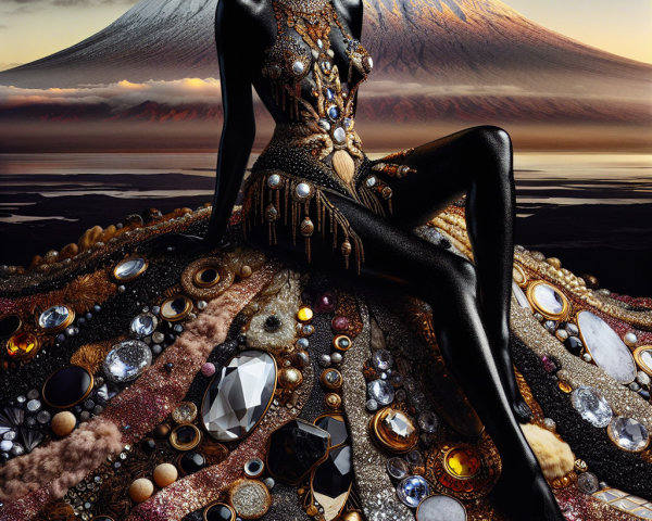 Elegant figure in lavish gown by a volcanic sunset