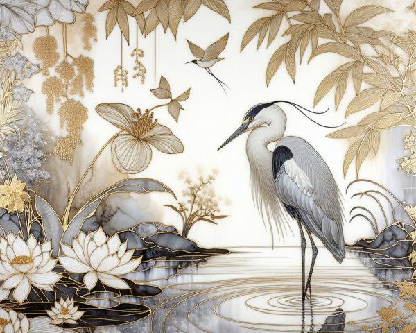 Elegant heron by tranquil pond with lotus flowers