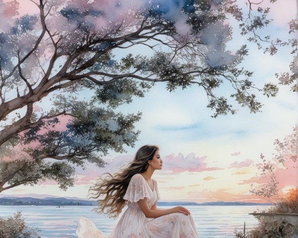 Young Woman on Dock by Tranquil Lake at Sunset