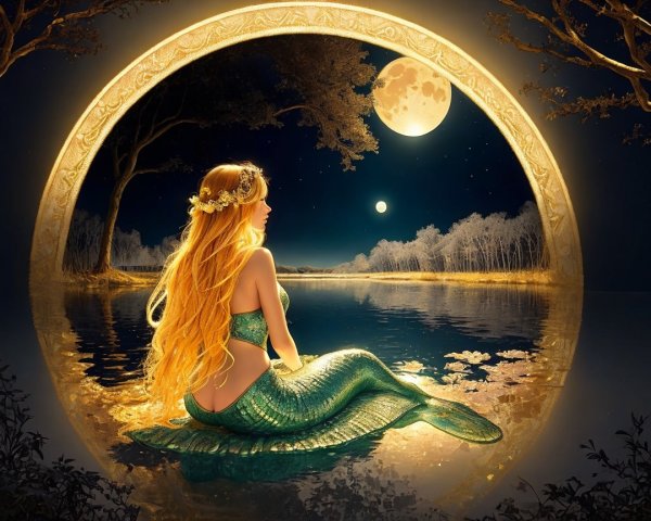 Mermaid by a tranquil lake under a full moon