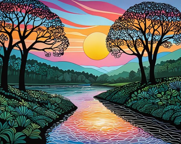 Vibrant Landscape with River and Sunset Colors