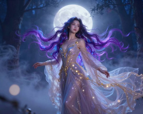 Young woman with long purple-blue hair and gown under moonlight