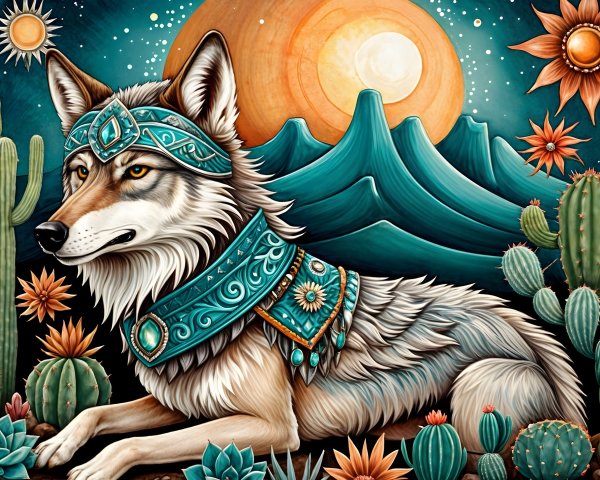 Detailed Illustration of a Majestic Wolf with Headdress