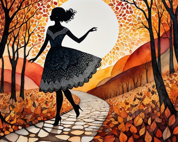 Silhouette of a Woman Dancing in Autumn Foliage
