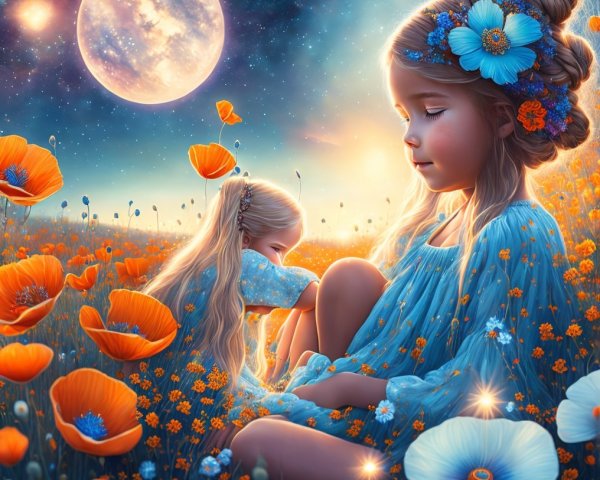 Children in a Vibrant Meadow Under a Glowing Moon