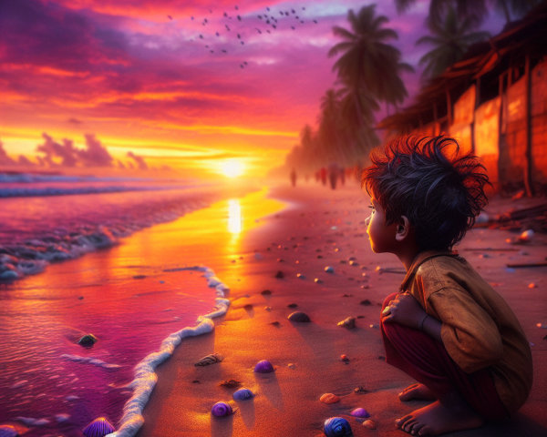 Young Boy Observing Sunset on Sandy Beach