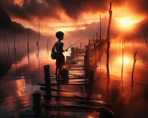 Young Boy Fishing at Sunset on a Wooden Pier