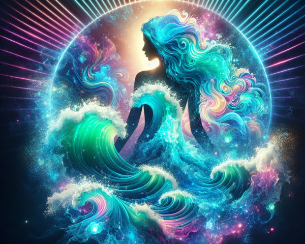 Silhouette of a woman in vibrant, swirling waves