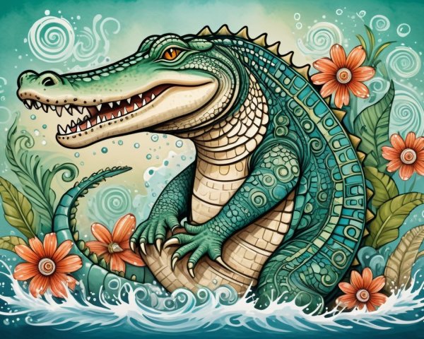 Vibrant Crocodile in Water with Floral Patterns