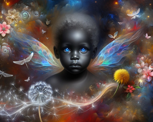 Young Child with Blue Eyes and Colorful Wings