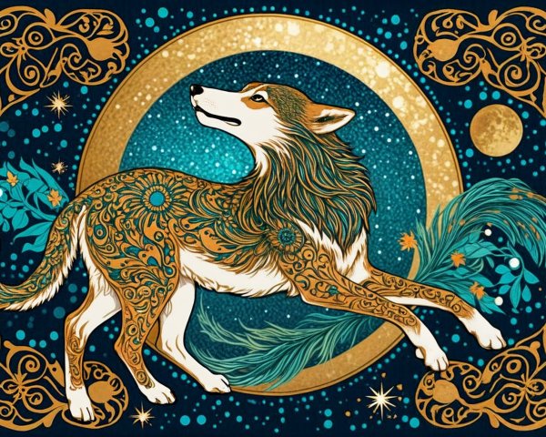 Stylized wolf with floral patterns on starry backdrop