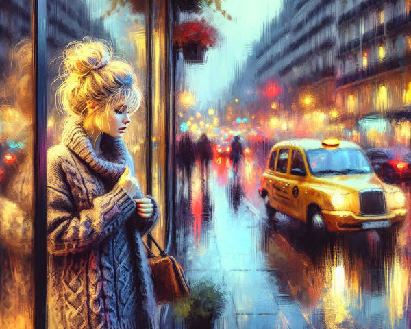 Young Woman in Sweater Observing Rainy City Street
