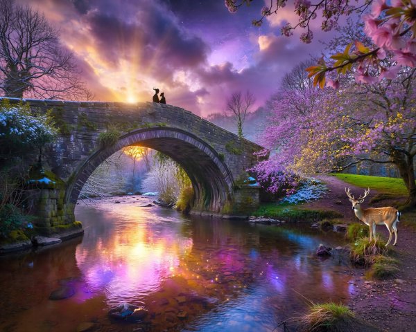 Enchanted forest landscape at sunset with mythical creatures