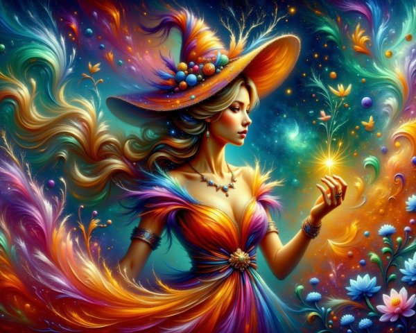 Vibrant Woman in Cosmic Colors and Intricate Patterns
