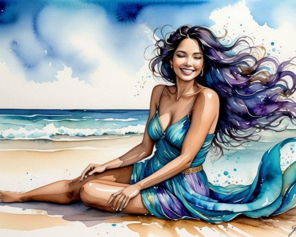 Watercolor Painting of Woman on Beach in Turquoise Dress