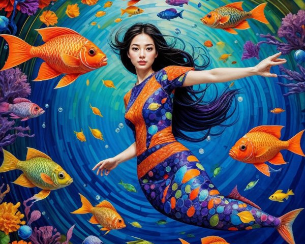 Vibrant Underwater Scene with Mermaid and Goldfish