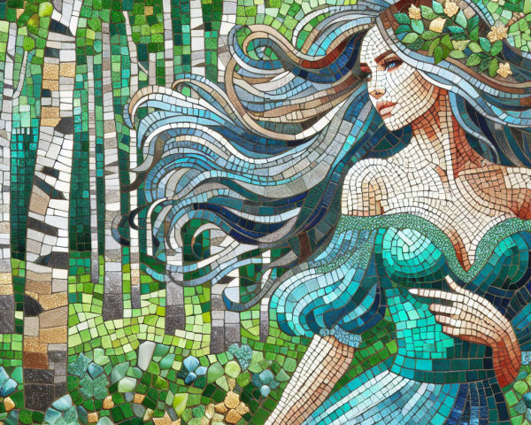Mosaic Artwork of Woman Among Birch Trees and Nature