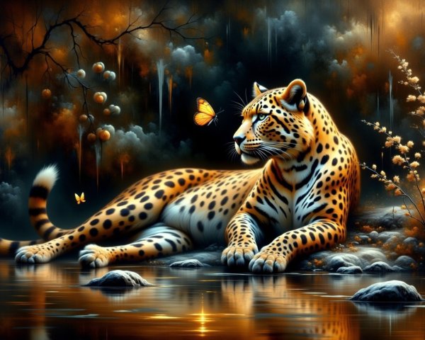 Leopard by Water's Edge in Dreamlike Landscape