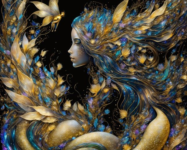 Mystical figure with flowing hair in enchanted setting