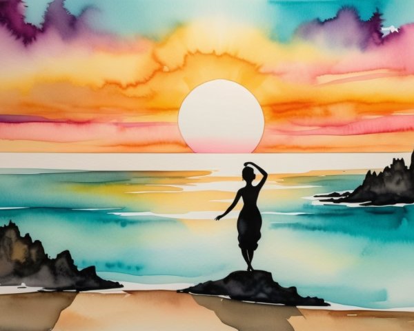 Silhouette of a Woman at Sunset Over the Ocean