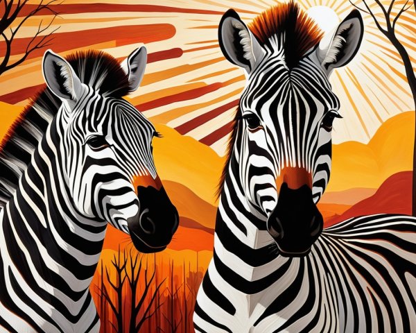 Stylized Zebras Against Vibrant Sunset Backdrop