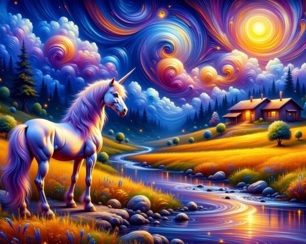 Vibrant Dreamlike Landscape with a White Unicorn