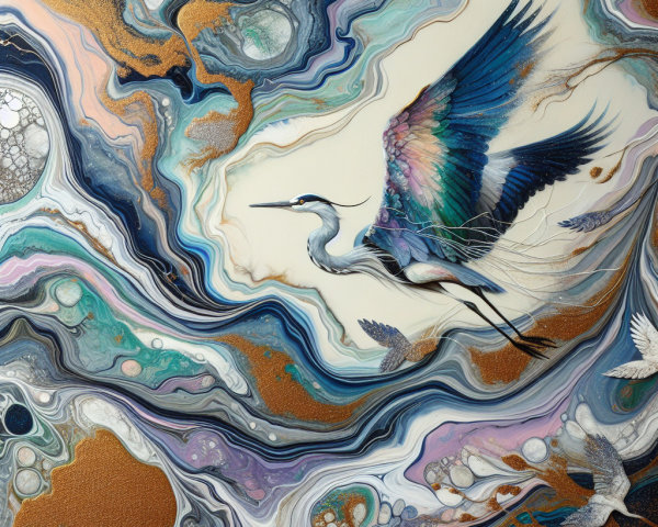 Majestic heron in vibrant abstract water and sky scene