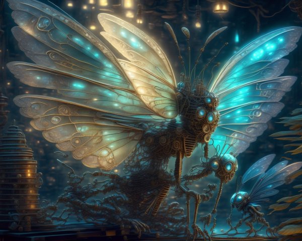 Surreal Mechanical Butterflies in a Whimsical Setting
