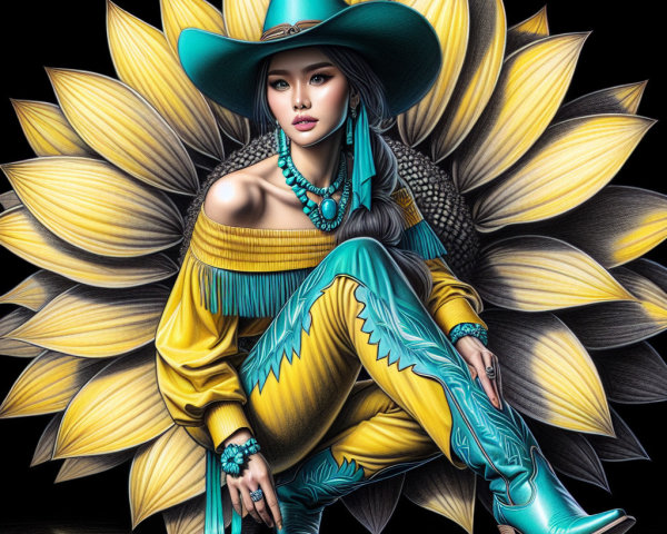 Woman in Turquoise Attire by Yellow Sunflower