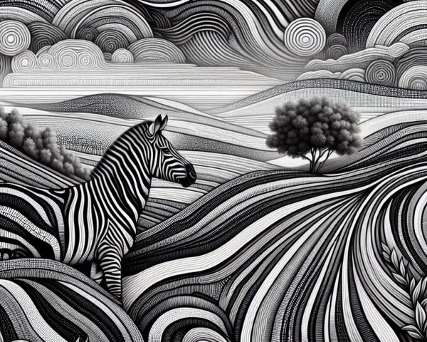 Stylized Zebra in Abstract Black and White Landscape