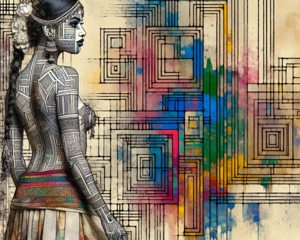Woman with Tribal Tattoos and Colorful Background