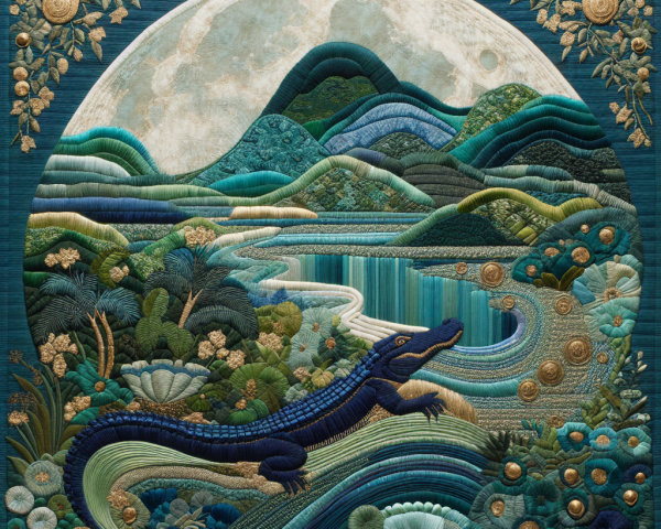 Vibrant Quilt with Embroidered Landscape and Alligator