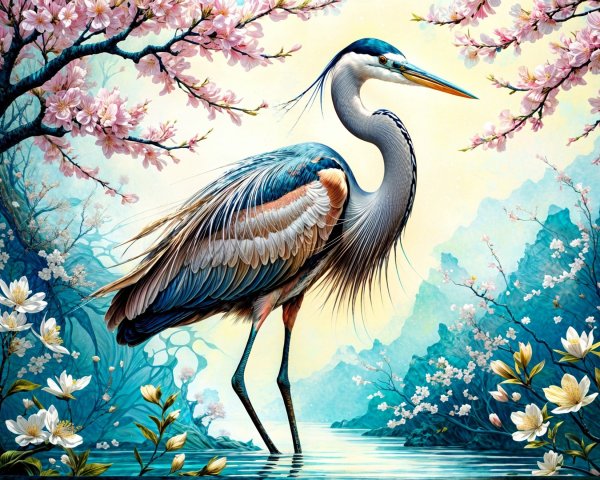 Heron in a Serene Landscape with Cherry Blossoms