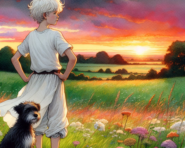 Young Boy and Dog in Vibrant Sunset Field