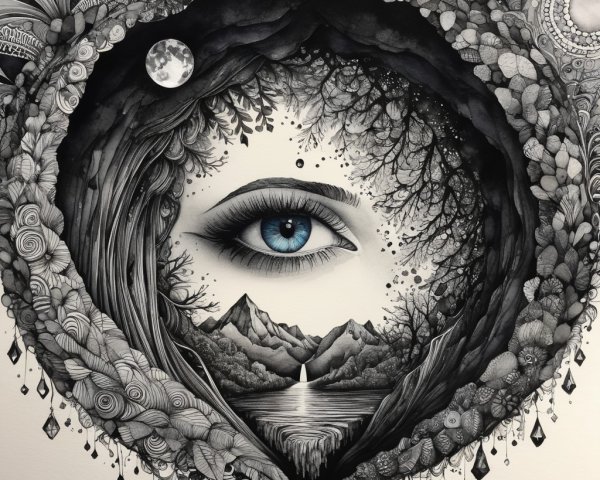 Black and white illustration with a vivid blue eye