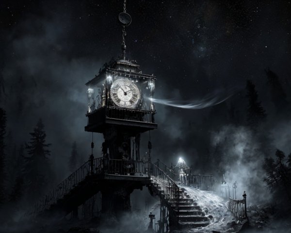 Ornate Clock Tower in a Foggy, Mysterious Landscape