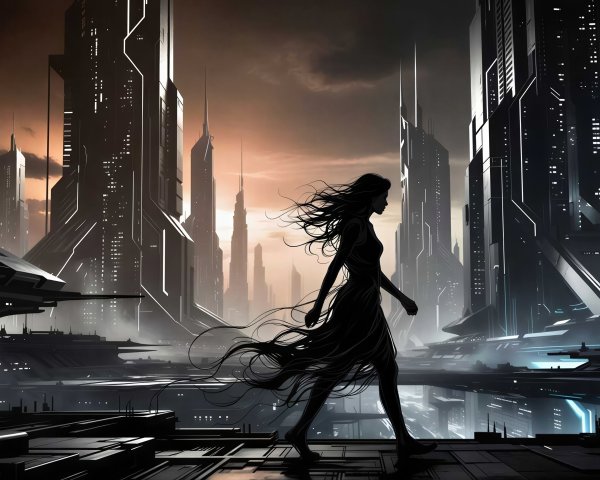 Silhouette of Woman Against Futuristic Cityscape