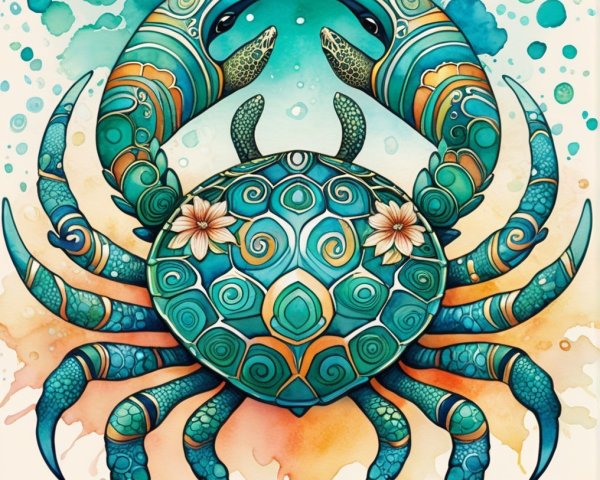 Vibrant Crab Illustration with Teal and Orange Patterns
