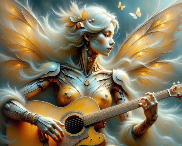 Humanoid Figure with Wings Playing Acoustic Guitar
