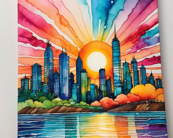 Vibrant City Skyline at Sunset with Reflections