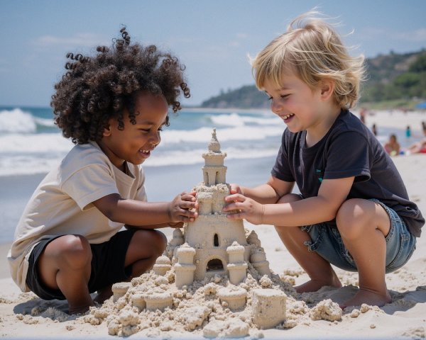 Children Building a Sandcastle on the Beach