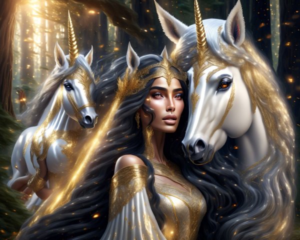 Regal woman and unicorns in a mystical forest scene