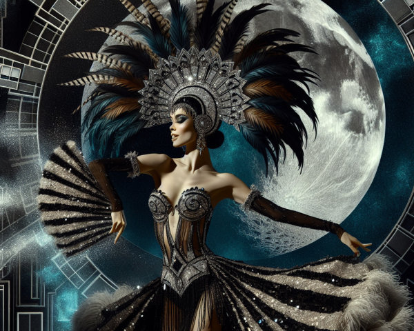 Dancer in Feathered Costume Against Moonlit Backdrop