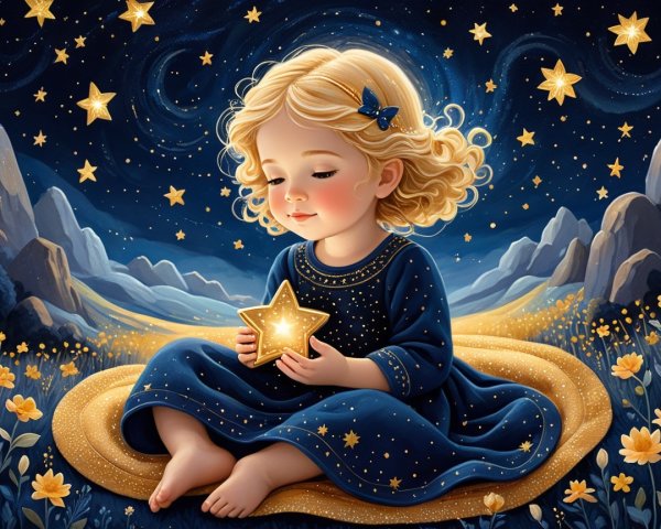 Cheerful girl with star in serene night sky setting