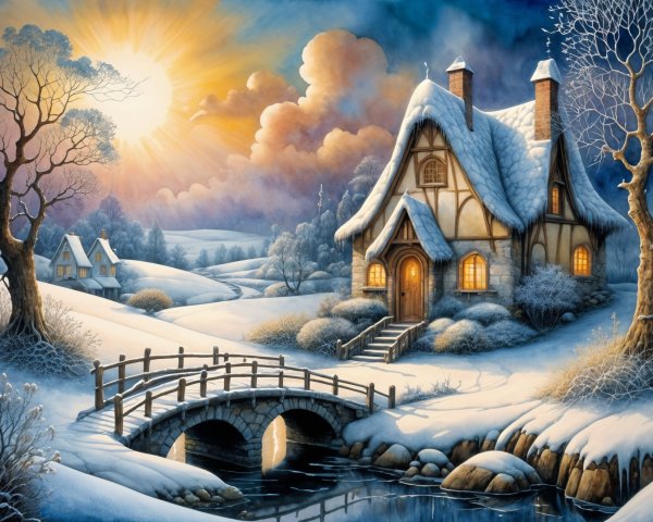 Cozy Snow-Covered Cottage in a Winter Landscape