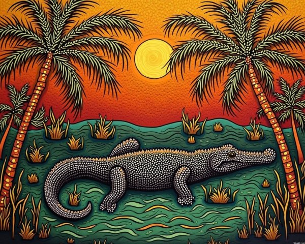 Crocodile Illustration in Tropical Sunset Setting