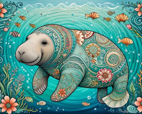 Illustration of a manatee in a vibrant underwater scene