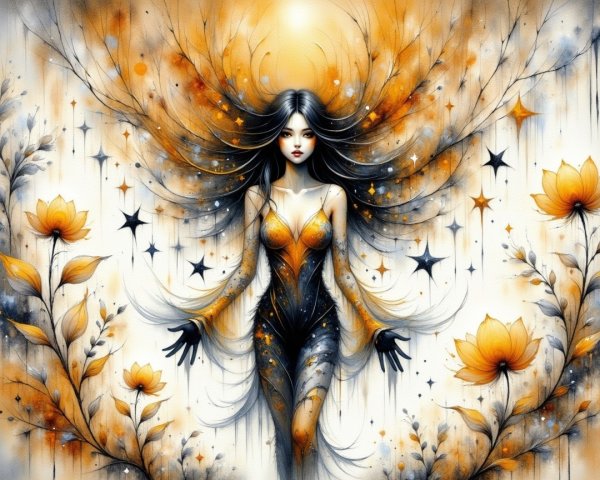 Mystical Figure in Orange and Gold Gown Among Flowers